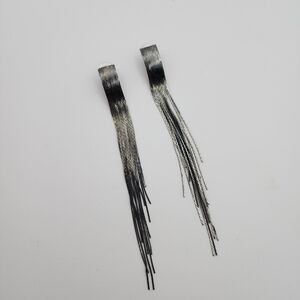 Long Waterfall Fringe Statement Silver Metallic Tone Drop Earrings